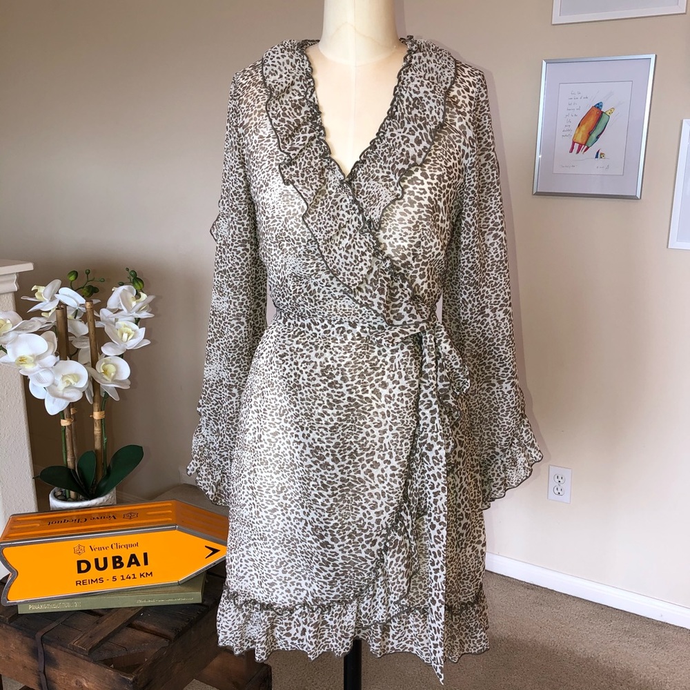 RANNA GILL leopard print faux wrap ruffled chiffon dress - Picture 2 of 6